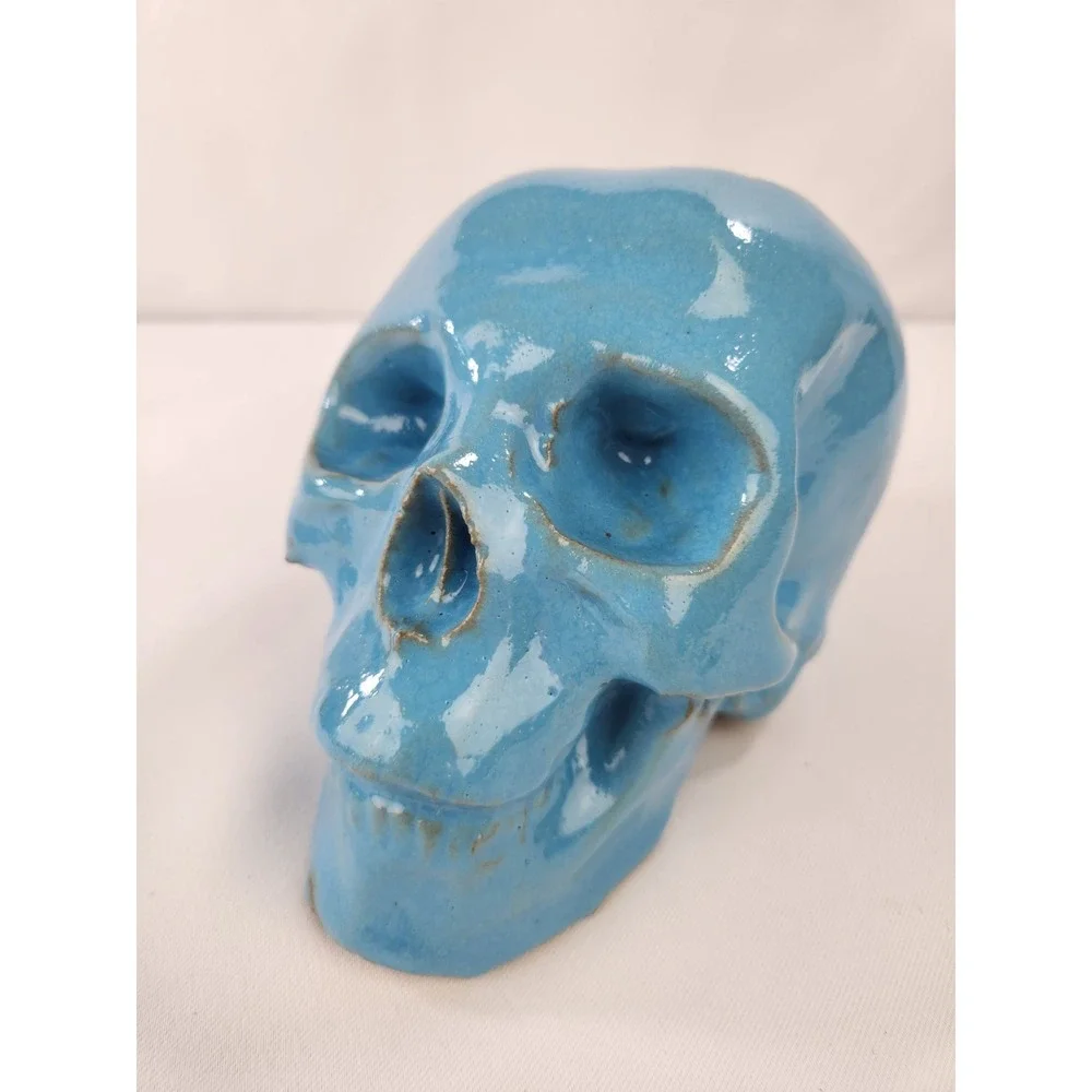 Large Human skull planter pot ceramic Artisan Handmade Art Blue Decor Ohio